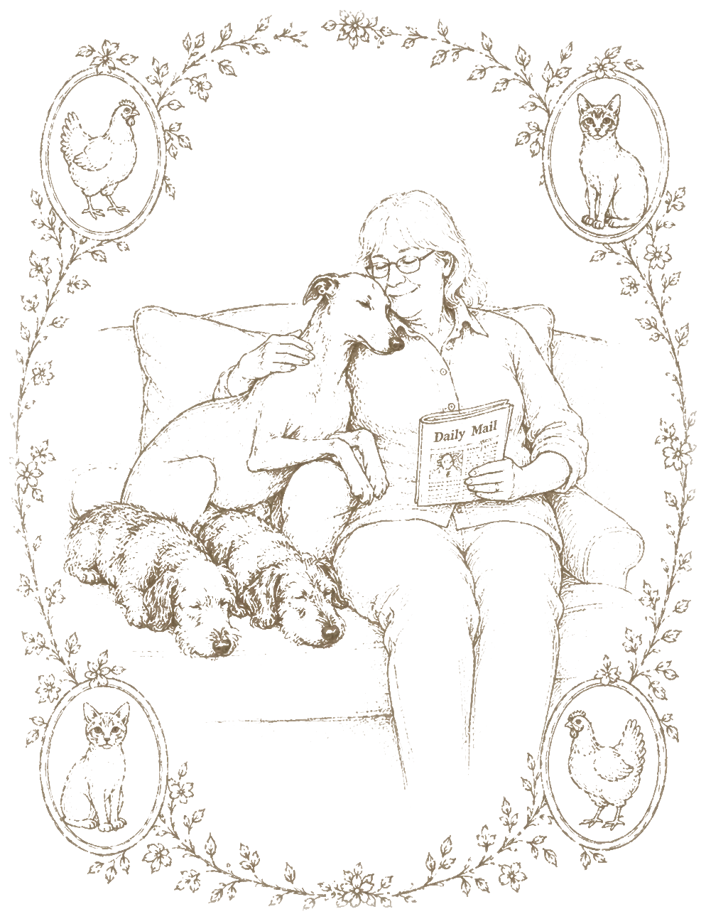 A sepia keepsake drawing of Kate’s mother reading the Daily Mail on a sofa, a lurcher leaning against her and two dachshunds asleep beside her, framed by trailing flowers and small oval portraits of her hens and cats